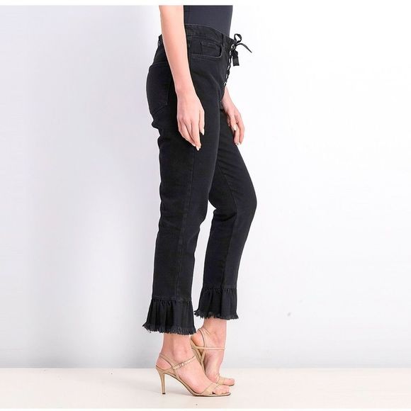 NWT Mango Women's Boot-Leg ruffle hem Lace Closure Jeans, Black 100% cotton - Picture 8 of 11